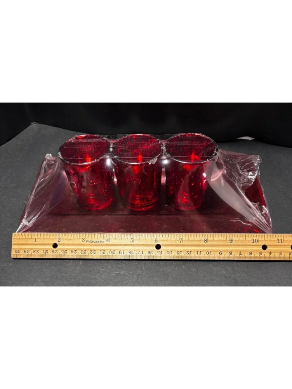 Red Glass Tealight Holder Set With Tray & Decorative Stones 3pc Holiday Festive